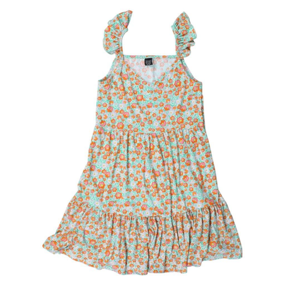 Juniors Floral Tiered Ruffle Sleeveless Dress Orange Green Size S